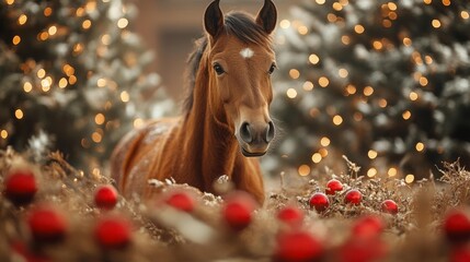 Festive Brown Horse with Holiday Decorations. Generative AI