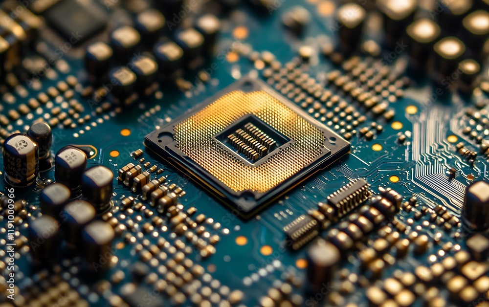 Aufkleber Close-up of CPU chip on circuit board, electronics background