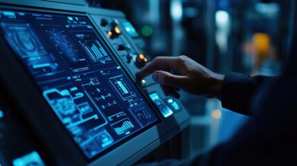 In a dimly lit factory setting, an industrial engineer uses a futuristic touchscreen control panel to manage and monitor the production process, ensuring smooth and efficient operations
