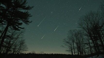 Naklejka premium Captivating Night Sky Display with Streaking Meteors Over a Snow-Covered Forest Landscape at Twilight