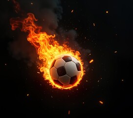 Burning soccer ball against black backdrop. Fiery flames encircle sports equipment. Dramatic illustration shows dynamic energy of sport. Image perfect for website design sports themed poster.
