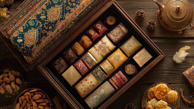 Luxurious gift box filled with assorted sweets and fabrics.