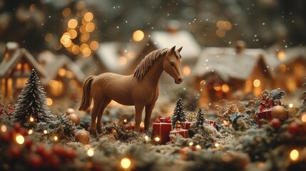 Brown Horse in a Festive Holiday Village. Generative AI
