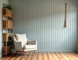 Cozy rustic interior mockup of living room. Light beige armchair sits on light wooden floor. Wooden shelves with wicker baskets in corner. Pale light blue vertical wooden paneling covers walls.