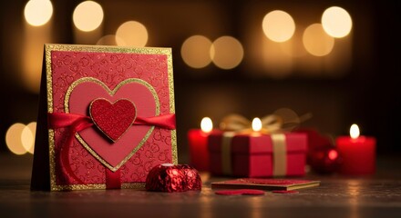 Romantic Gift Card: A beautifully decorated gift card adorned with a heart shape, a red ribbon and glittering accents sits on a table beside lit candles and wrapped presents in soft lighting.