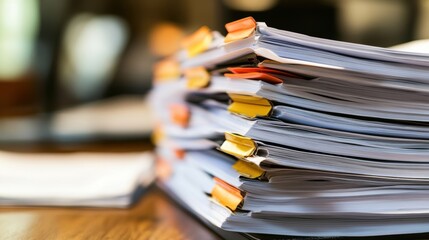 Stacking business papers organized with colorful clips, resting on a wooden desk, awaiting review and signatures from an office worker