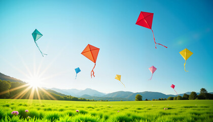 Colorful kites soaring against a clear blue sky in a serene countryside landscape during Qingming Festival