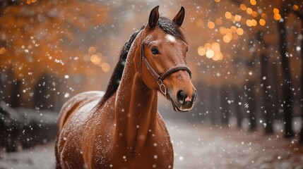 Brown Horse in a Snowy Winter Scene. Generative AI
