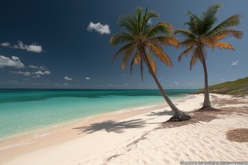 Obraz premium Serene Tropical Beach with Swaying Palm Trees and Pristine Turquoise Waters Under Clear Blue Skies