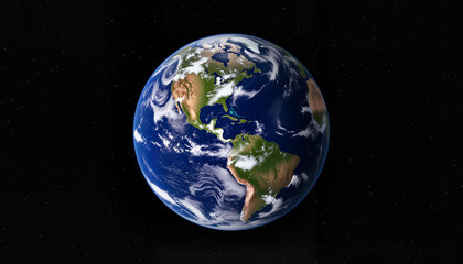 Photorealistic view of Planet Earth illuminated by sunlight, showcasing continents and oceans in space