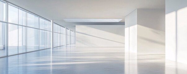 Obraz premium Modern empty office interior with big windows letting in sunlight