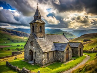 Obraz premium Rustic Grey Church in Grassy Valley, High-Detail Steeple Stock Photo