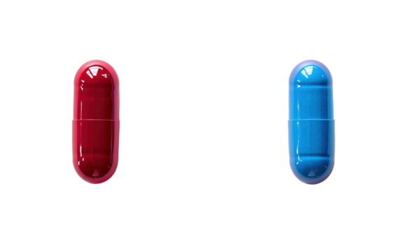 Blue pill and red pill supplement on transparent or white background,png