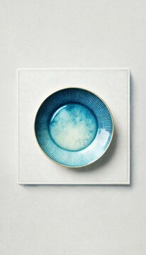 Empty plate with blue pattern edge, Ceramic plate with spiral pattern in watercolor styles, View from above isolated on white background with clipping path