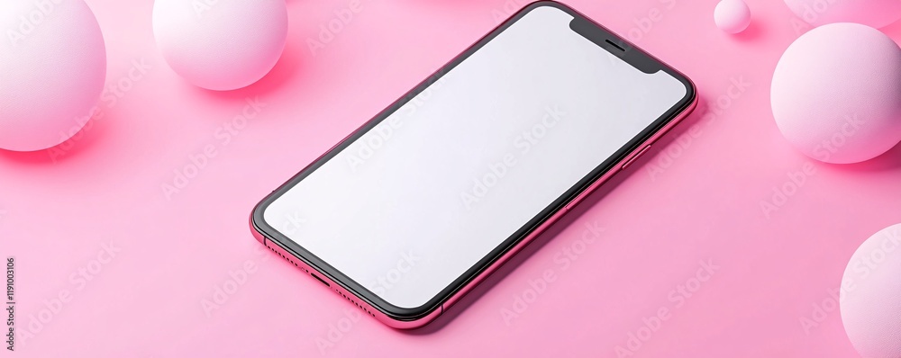 Poster smartphone with blank screen displaying on pink background with spheres