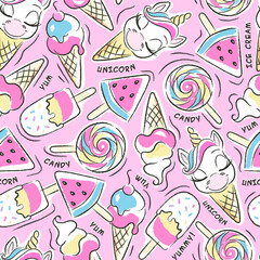 Art. Beautiful pink seamless unicorn pattern. Cute ice cream pattern. Fashion illustration drawing in modern style for clothes. Art