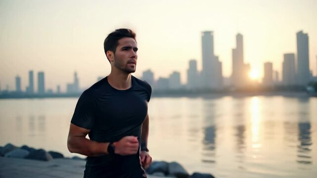 Man jogging near a urban waterfront and wearing a smartwatch. blurred background skyscrapers and a calm river reflecting the sunrise.