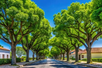 Sun-drenched Portuguese oaks frame a quiet summer street, their branches reaching towards a vibrant sky.