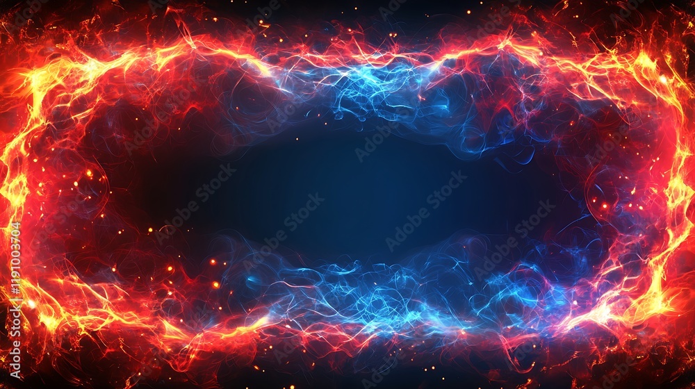 Poster red and blue fire frame on dark background for gaming or sci-fi projects
