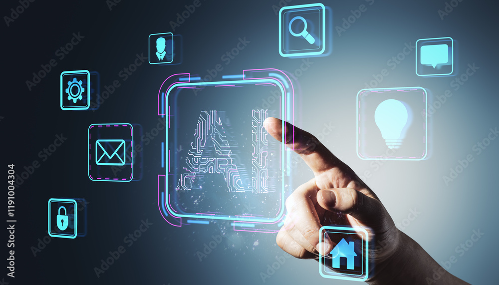 Poster futuristic hand interacting with ai holographic icons on digital interface.