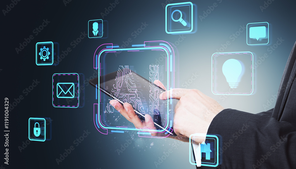 Poster Digital interface with AI icons on tablet, futuristic technology background.