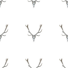 Naklejka premium Seamless pattern Red deer Elk old skulls Background for Halloween design Scull wrapping paper Wallpaper cloth fabric web design Scary party template 