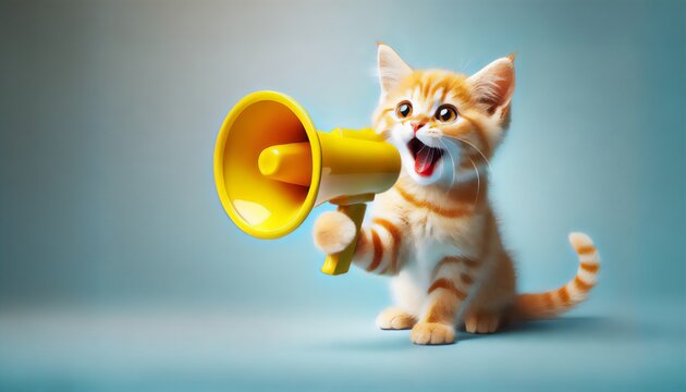 Funny red cat holds a yellow loudspeaker in its paws and screams on a blue background, a creative idea. Business and management, concept. Increase traffic, advertising and attention