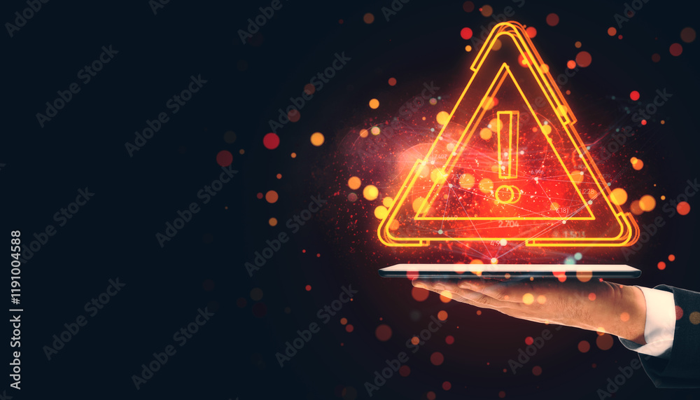 Poster Neon glowing warning triangle with exclamation mark over tablet in a hand, dark background with floating particles.