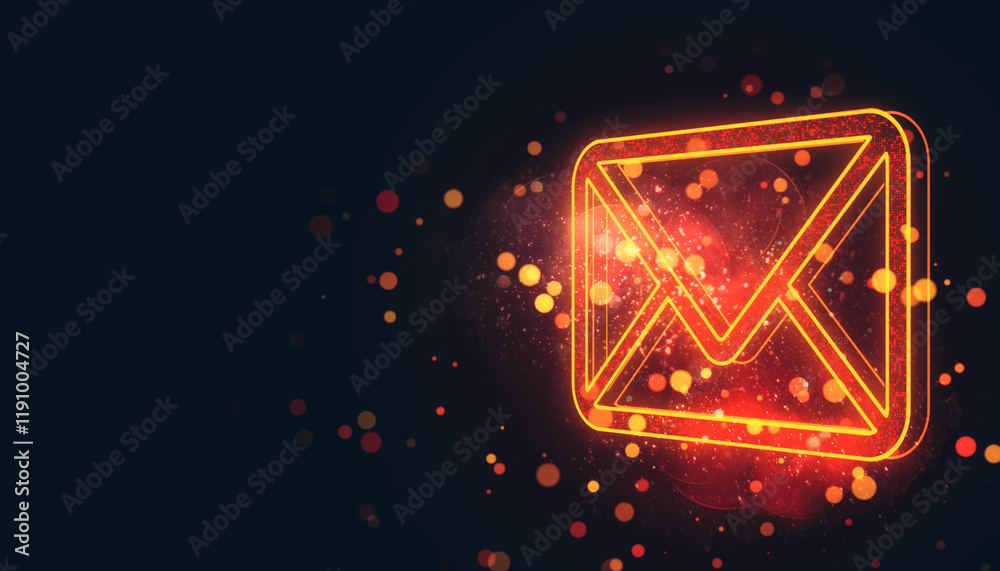 Poster Neon glowing envelope icon on a dark background with vibrant orange and yellow bokeh particles. Concept of digital communication and email. 3D Rendering