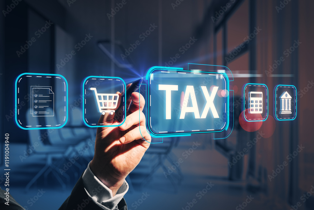 Poster digital tax interface with business icons and man interacting on futuristic screen in modern office 