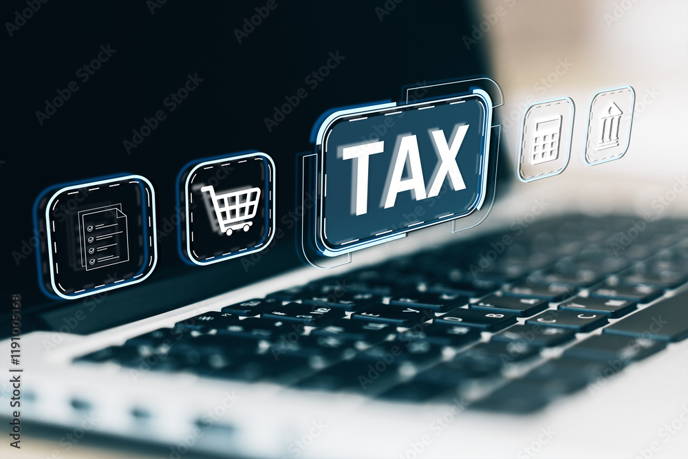 Poster digital tax concept with icons and keyboard closeup on blurred background.