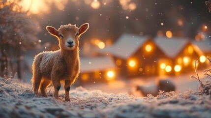 A snowy goat in a frosty rural village glowing with warm lights. Generative AI