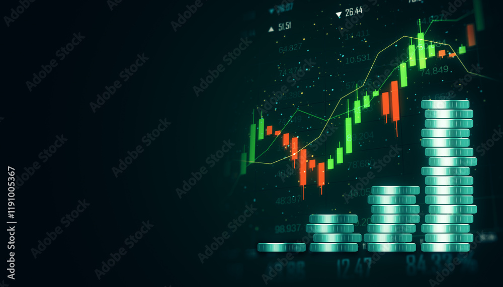 Poster stacked glowing coins and financial graph on dark background, investment and stock market concept. 3