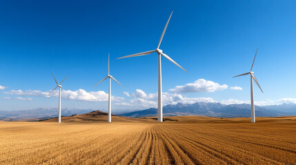 Renewable energy turbines stand tall in golden fields