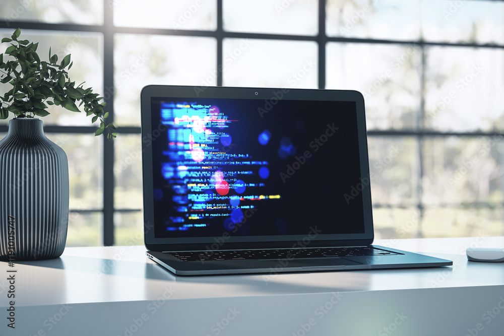 Poster Laptop displaying programming code on screen placed on desk with modern decor in bright office environment. 3D Rendering