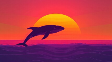 Naklejka premium Silhouette of a whale breaching against a vibrant sunset over the ocean waves. Generative AI