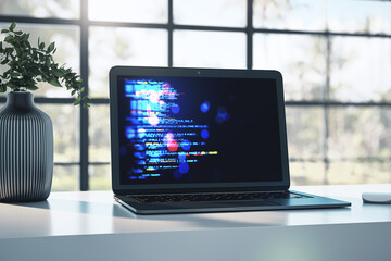Fototapeta premium Laptop displaying programming code on screen placed on desk with modern decor in bright office environment. 3D Rendering