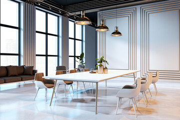 Modern coworking office interior with white table, stylish chairs, decor, and large windows in sleek creative open workspace design. 3D Rendering