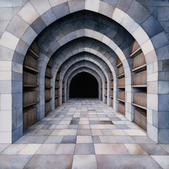 Fototapeta premium Ancient library with grand arches and dusty bookshelves, evoking mystery