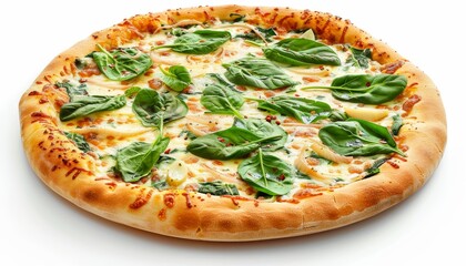 A delicious, freshly baked spinach and white pizza, isolated on a white background.