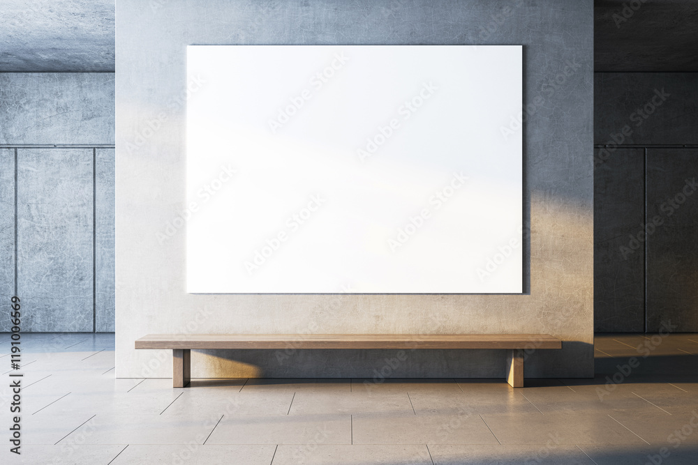 Poster minimalist interior with blank canvas on concrete wall above wooden bench in bright modern gallery s