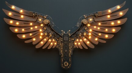 Obraz premium Illuminated steampunk wings studio shot, dark background, art decor