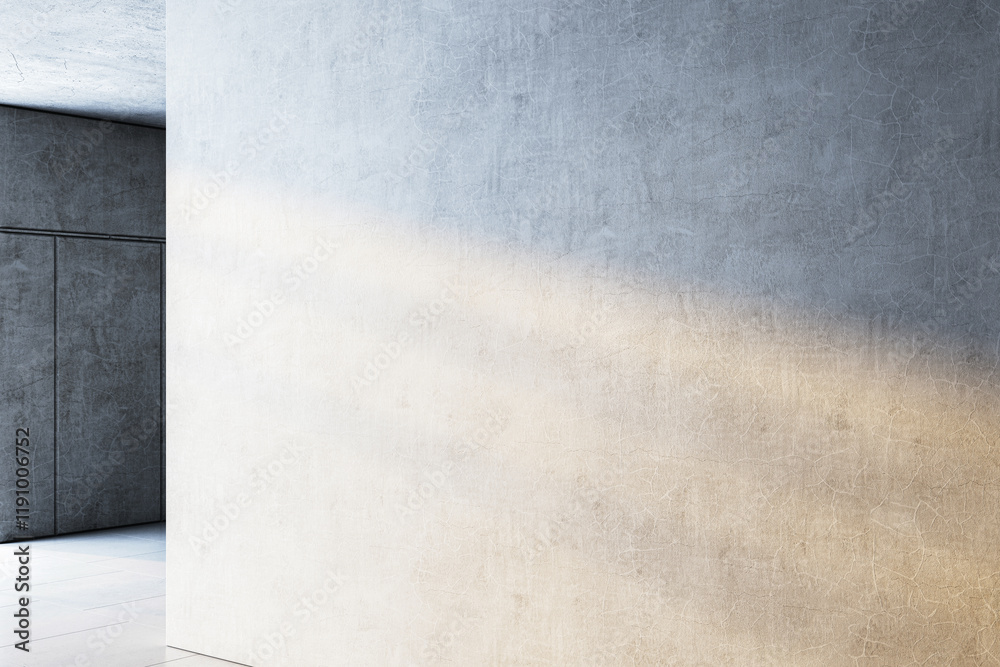 Poster Modern minimalist gallery interior with textured walls and natural light. 3D Rendering