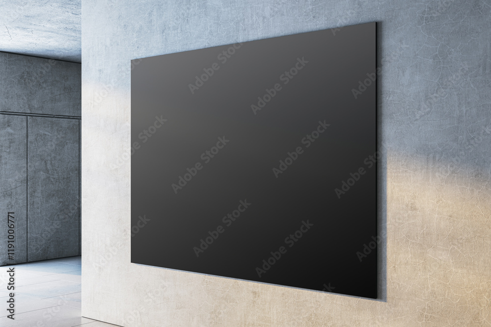 Poster Black rectangular mockup canvas on a modern concrete wall in a minimalistic gallery interior with soft natural light and clean design. 3D Rendering