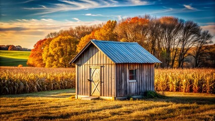 Rustic Winter Shed in Cornfield:  A Candid Photo of a Small Wooden Tool Shed, Metal-Roofed, Amidst a Cornfield and Untamed Nature on a Sunny Day.