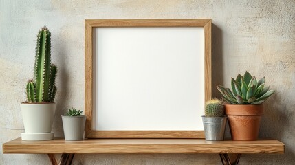 Fototapeta premium Wooden Frame Mockup with Succulents and Cacti on a Shelf