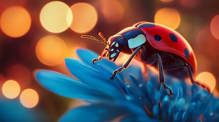 Macro view of a ladybug in motion on a vibrant blue flower warm and glowing bokeh