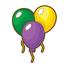 Three colorful balloons  green, yellow, and purple  suitable for party invitations, celebratory designs, web graphics, and festive decorations
