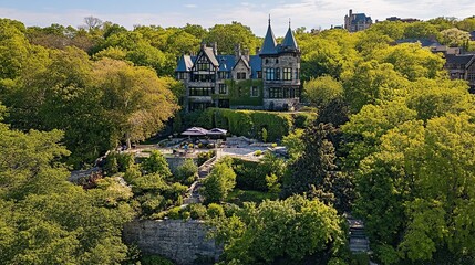 Fototapeta premium Hilltop chateau, lush garden, patio, stone walls, trees.