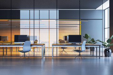 Modern office interior with computers, chairs, and tables in a clean and stylish design, featuring glass partitions and natural lighting. 3D Rendering